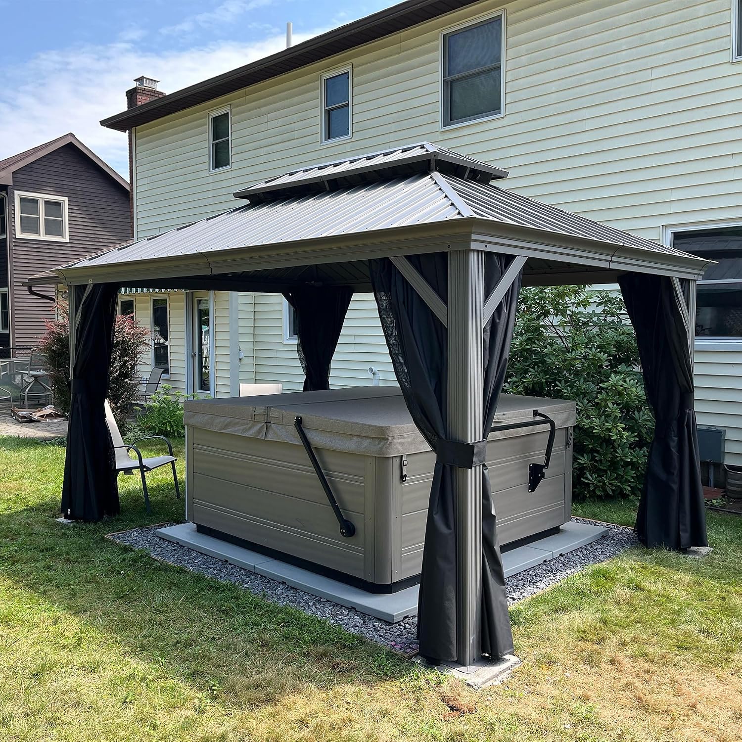 PURPLE LEAF 10' X 14' Outdoor Hardtop Gazebo with Galvanized Steel Double Roof Aluminum Frames Heavy Duty Pavilion Gazebo for Patio Deck Garden,Netting and Curtains Included, Light Grey