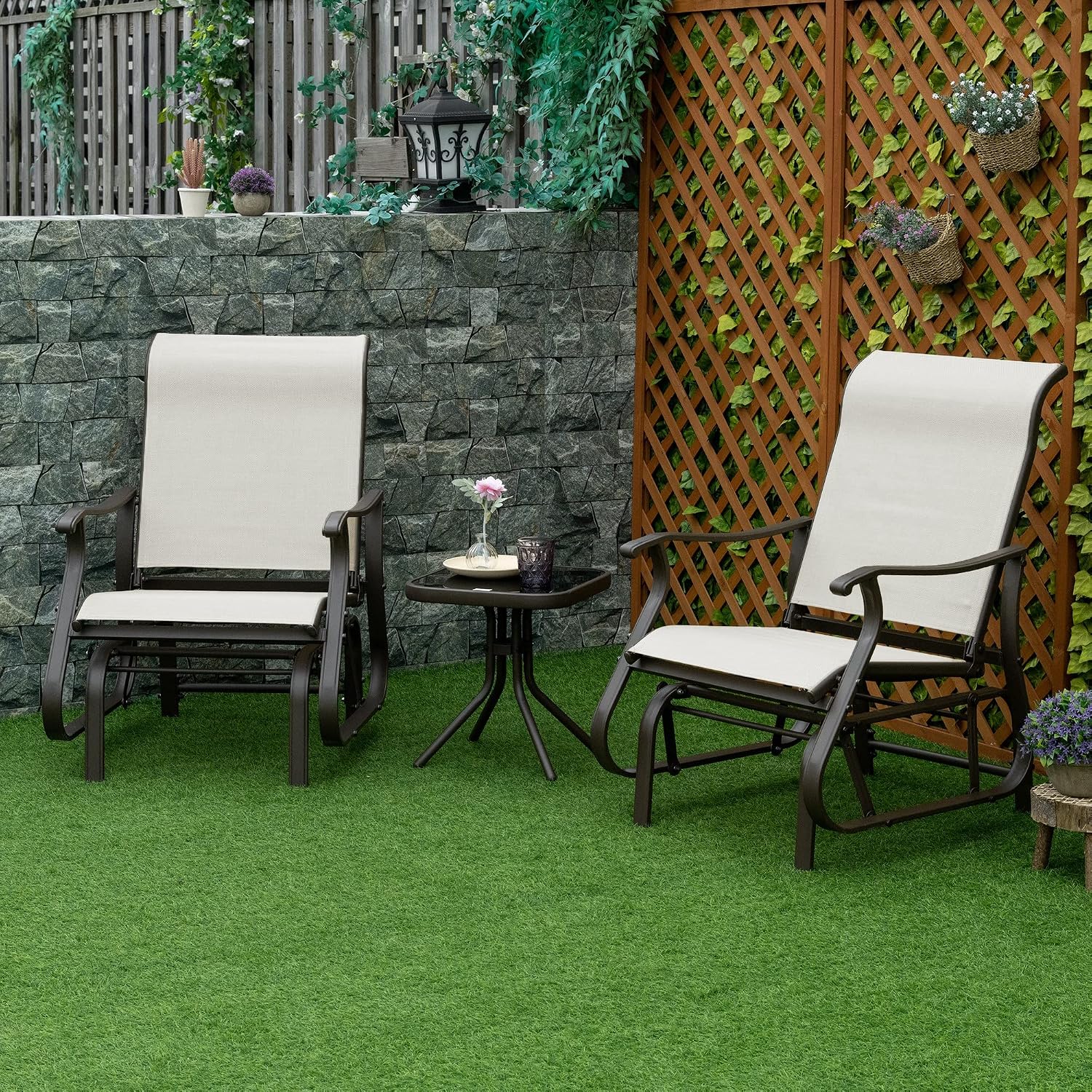 Outsunny 3-Piece Outdoor Gliders Set, Bistro Table and Chairs with Steel Frame, Tempered Glass Top Table for Patio, Garden, Backyard, Lawn, Cream White
