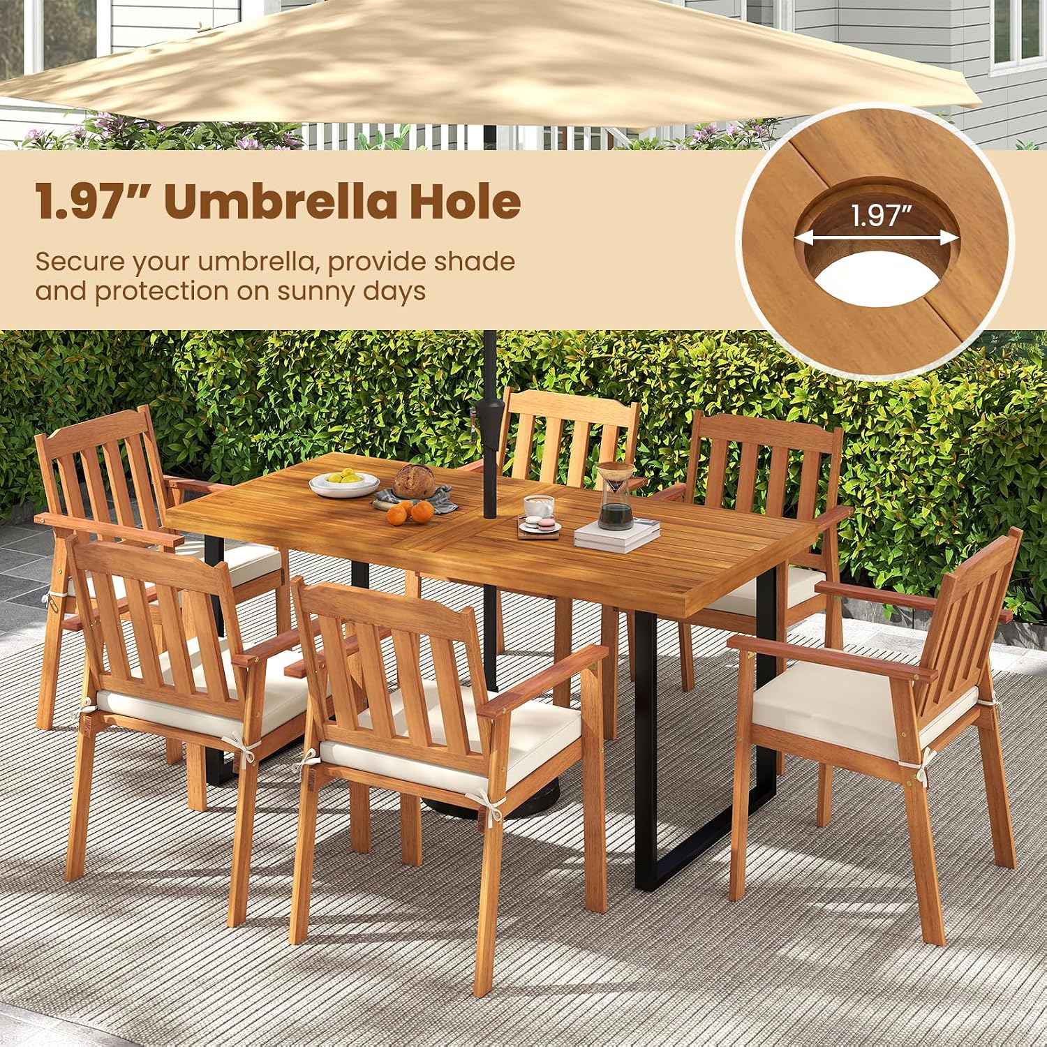 Tangkula 3 Pieces Patio Dining Table Set, 63' Rectangle Acacia Wood Table with Umbrella Hole and 2 Backless Bench with Metal Frame, Outdoor Dinette Furniture for Garden Yard