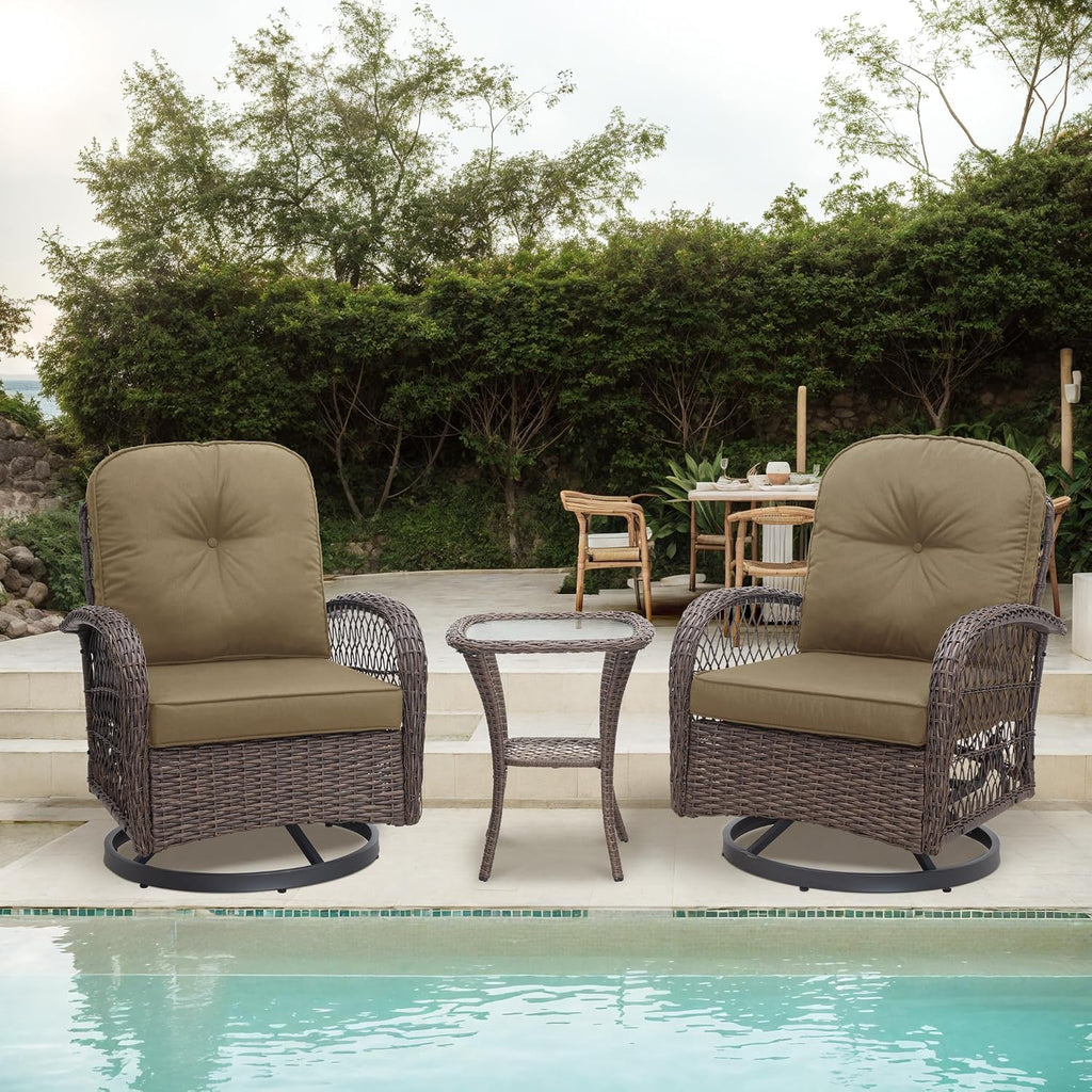 Allewie Patio Furniture Set, 3 Piece Wicker Patio Bistro Set Swivel Rocking Chairs Set of 2 with Coffee Table Outdoor Rattan Conversation Chairs for Porch Backyard Poolside, Khaki