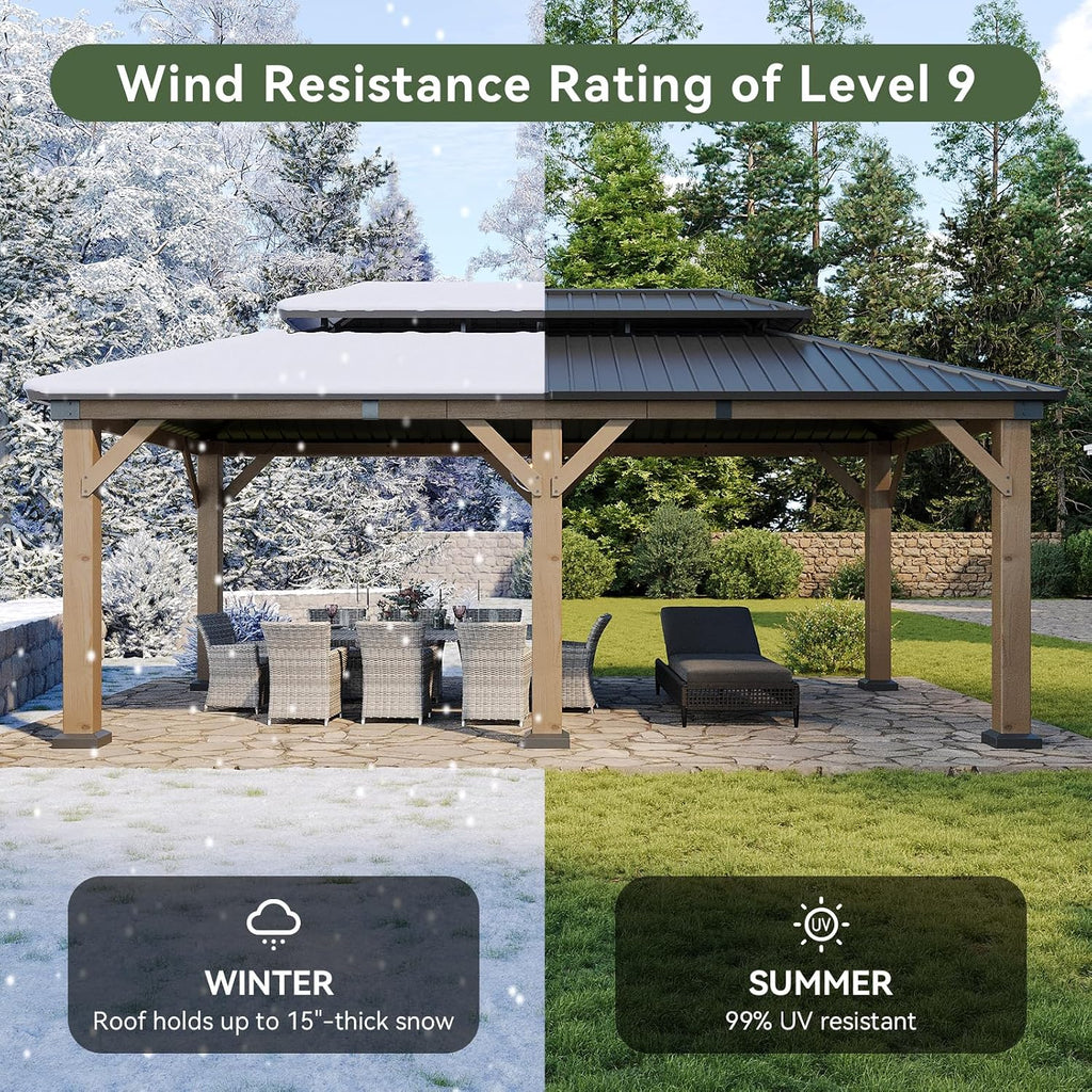 Aoxun 12' x 20' Outdoor Wood Gazebo, Hardtop Gazebo Permanent Wooden Pavilion with Galvanized Steel Double Roof, for Patio, Garden, Backyard, Cedar Wood, Grey