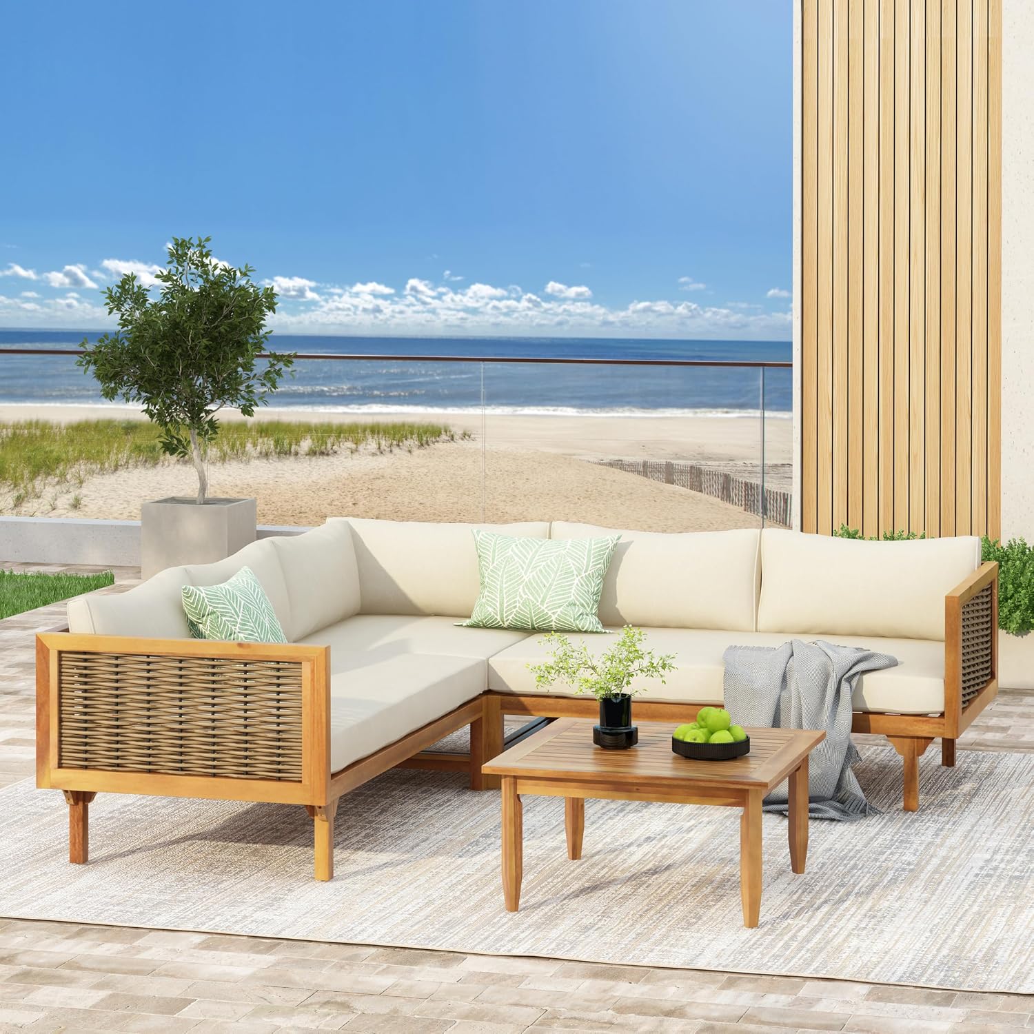 Christopher Knight Home Tenntt 5-Seater Acacia Wood Patio Furniture Set, Outdoor Conversation Sofa Chat Set with Coffee Table, Wicker Arm, Sectional Seating Group for Backyard Balcony, Teak+Beige