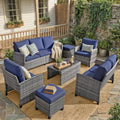FHFO 7 Piece Patio Furniture Set, Outdoor Sectional Furniture Wicker Conversation Sofa Set, Includes 3-Seater Sofa, Loveseat, Single Sofa, Tempered Glass Coffee Table, Ottoman (Grey/Blue)