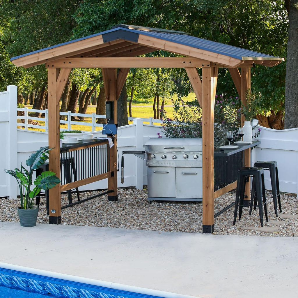 Backyard Discovery Granada 10' x 9' Cedar Wood BBQ Grill Gazebo Pavilion with Hardtop Galvanized Steel Roof, Bar Tops, Powerport, Snow Support, Wind Resistance, Cook Station for Outdoor Patio or Deck