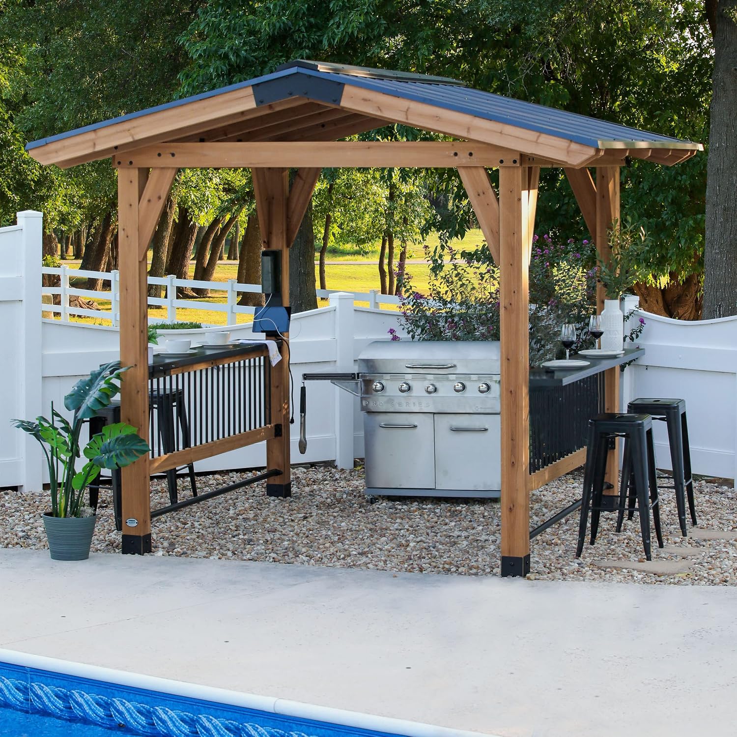 Backyard Discovery Granada 10' x 9' Cedar Wood BBQ Grill Gazebo Pavilion with Hardtop Galvanized Steel Roof, Bar Tops, Powerport, Snow Support, Wind Resistance, Cook Station for Outdoor Patio or Deck