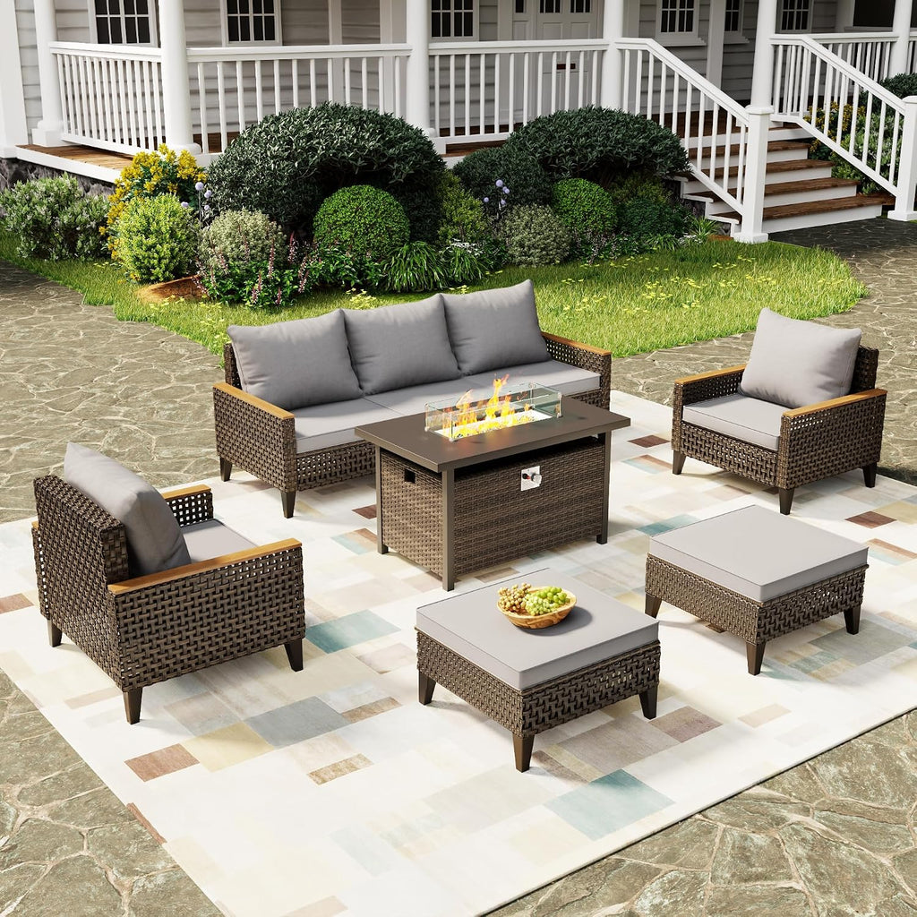 8Piece Patio Furniture Set with 50000 BTU Propane Fire Pit Table, All-Weather Wicker Rattan Outdoor Sectional Sofa Set with High Back and Thick Cushions for Garden, Porch, Poolside, Grey