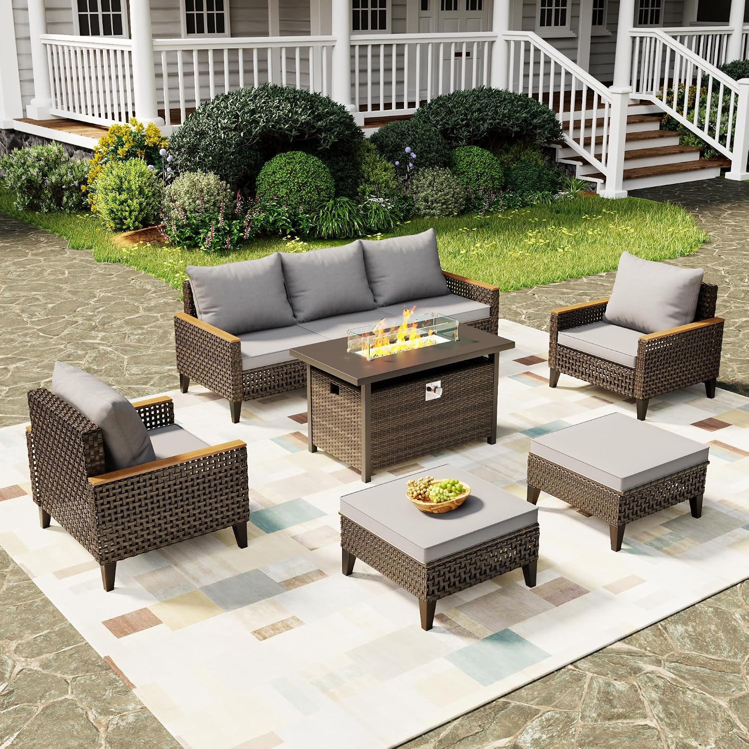 8Piece Patio Furniture Set with 50000 BTU Propane Fire Pit Table, All-Weather Wicker Rattan Outdoor Sectional Sofa Set with High Back and Thick Cushions for Garden, Porch, Poolside, Grey