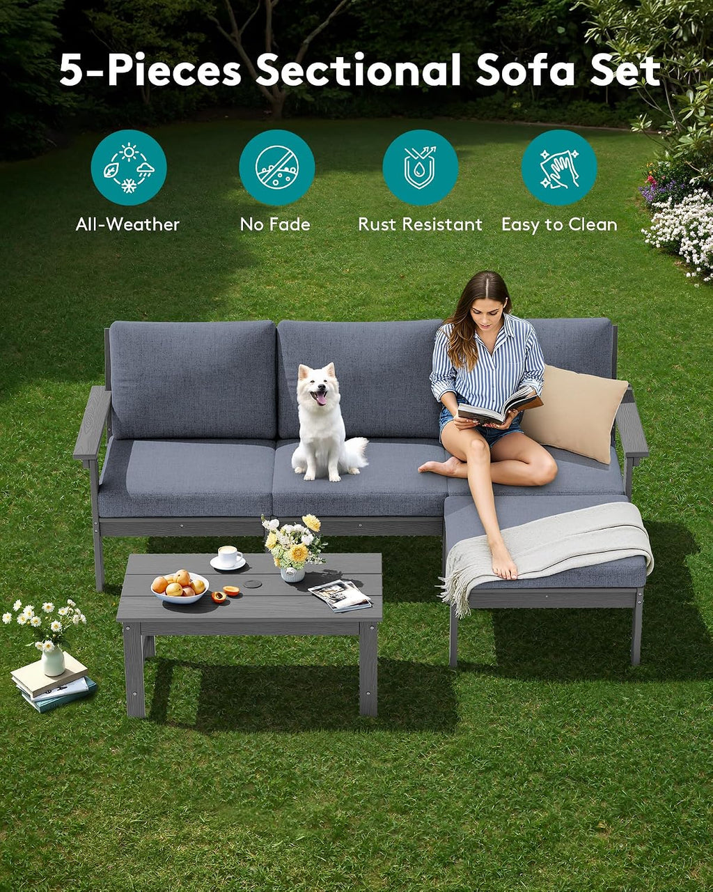 SERWALL Outdoor Sectional Sofa Set, 5-piece Outdoor Modula Couch Set with Ottoman, All Weather Patio Furniture Set with Chaise for Deck, Lawn, Gray Frame with Gray Cushion