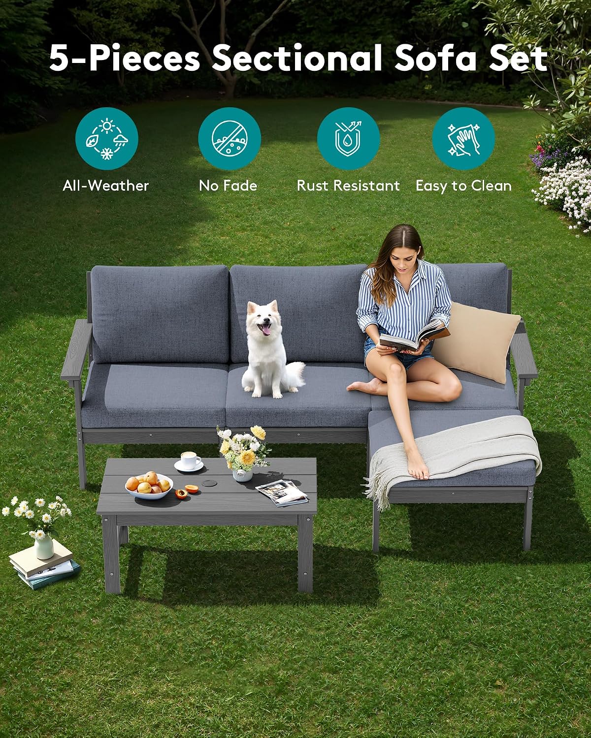 SERWALL Outdoor Sectional Sofa Set, 5-piece Outdoor Modula Couch Set with Ottoman, All Weather Patio Furniture Set with Chaise for Deck, Lawn, Gray Frame with Gray Cushion