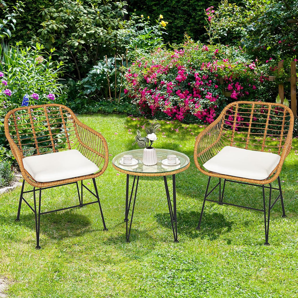 Tangkula 3 Pieces Patio Bistro Set, Rattan Conversation Set with 2 Cushioned Armchairs & Round Glass Coffee Table, Indoor Outdoor Wicker Furniture Set for Balcony, Backyard, Garden, Poolside