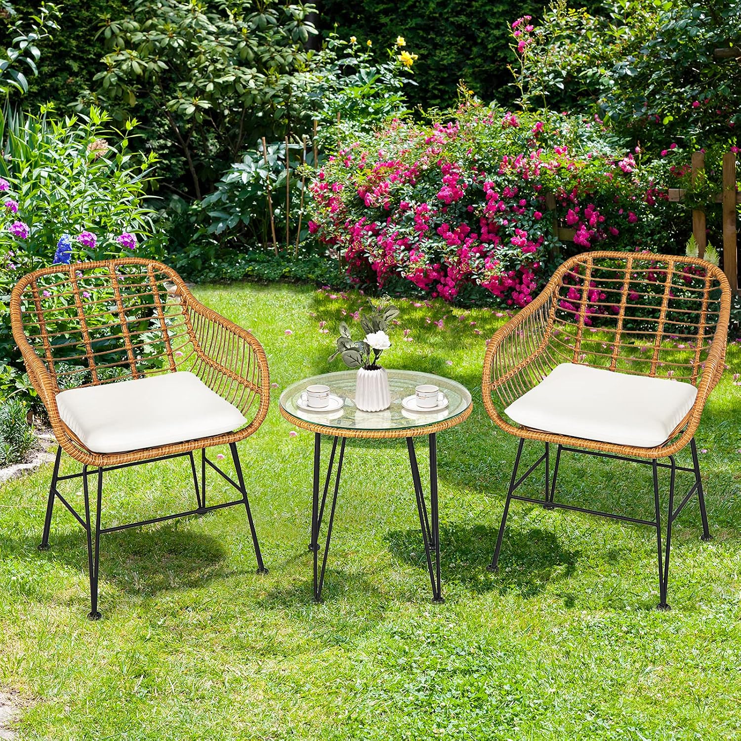 Tangkula 3 Pieces Patio Bistro Set, Rattan Conversation Set with 2 Cushioned Armchairs & Round Glass Coffee Table, Indoor Outdoor Wicker Furniture Set for Balcony, Backyard, Garden, Poolside