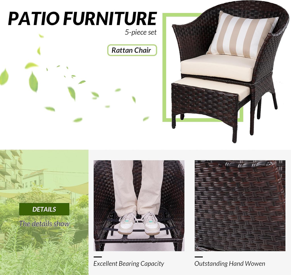 Elevon Patio Conversation Set Outdoor Wicker Furniture with 2 Chairs for Porch and Yard, Beige