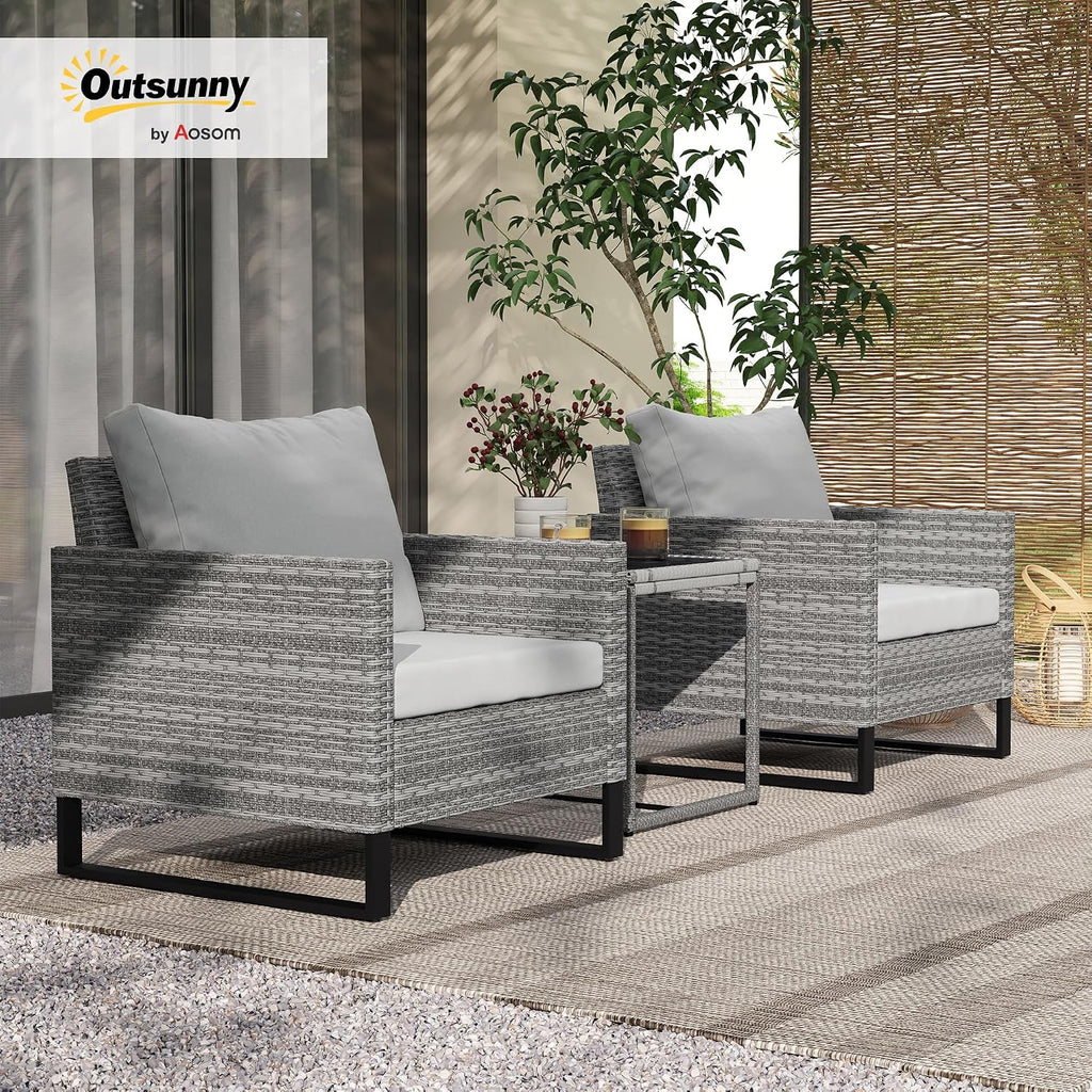 Outsunny 3 Pieces Patio Furniture Set, Wicker Conversation Bistro Set with 4 Soft Cushions, Rattan Chairs and Glass Coffee Table for Backyard, Porch, Poolside, Balcony, Gray