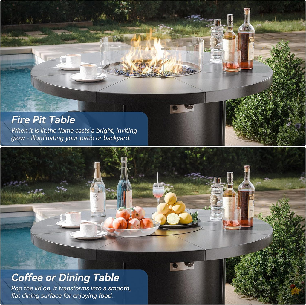 Kurapika 5 Pieces Patio Furniture Set, Rattan Wicker Outdoor Conversation Sets, 4 Woven Rattan Swivel Chairs w/48in Propane Fire Pit Table and Thickened Cushions, Sand