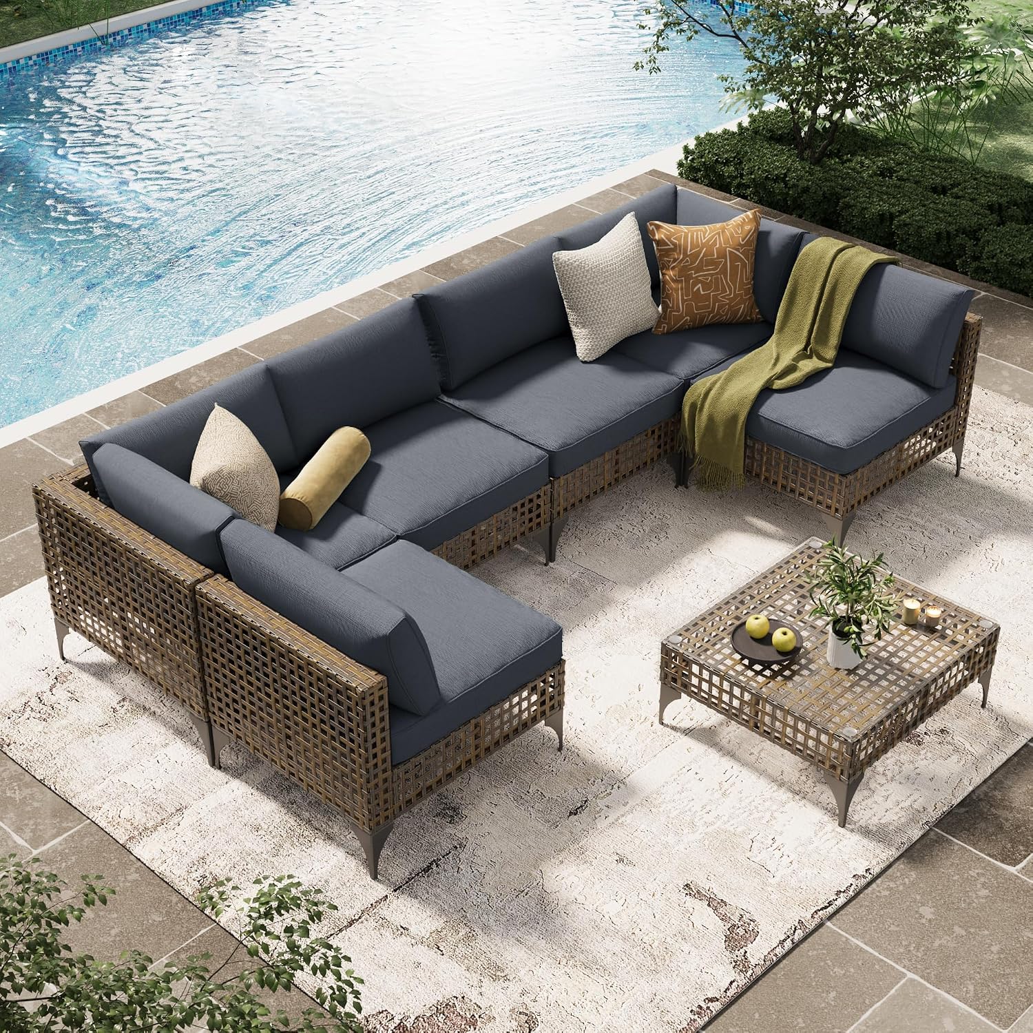 U-MAX 7-Piece Patio Furniture Set with Coffee Table, Boho Outdoor Furniture Set Sectional Sofa Wicker Conversation Set with Dark Brown Rattan & Dark Grey