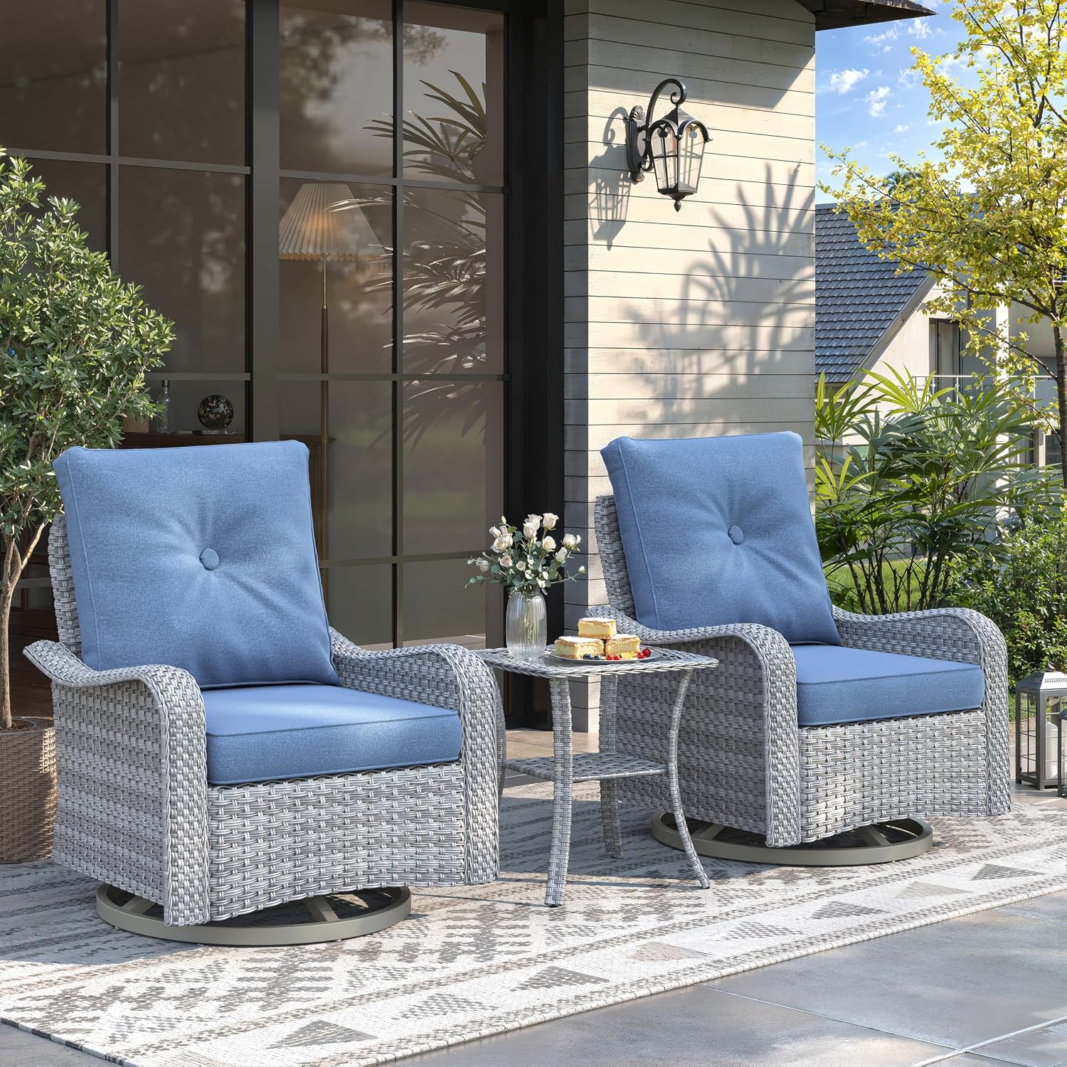 2-Seat Modern Patio Furniture Set with Swivel Rocking Chairs, Thick 4″ Cushions, Dual-Strand Wicker Rattan, Rust-Resistant Steel Frame – Outdoor Conversation & Modular Sectional,Navy