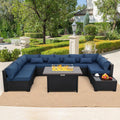 Rattaner 10 Pieces Outdoor Sectional All-Weather Wicker Patio Furniture Set Patio Sectional and Steel Fire Table and Glass Patio Table Non-Slip Cushions and Waterproof Covers, Navy Blue