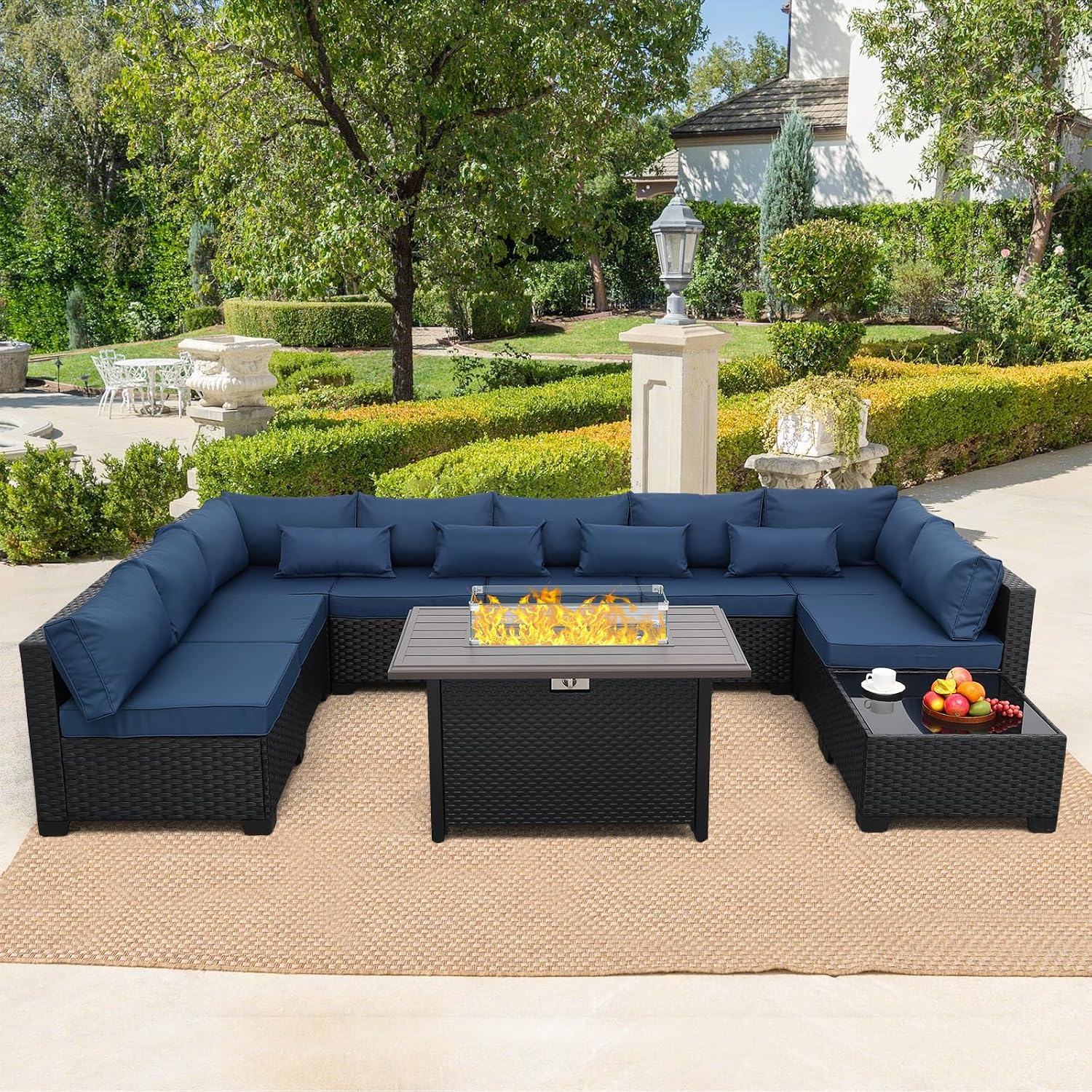Rattaner 10 Pieces Outdoor Sectional All-Weather Wicker Patio Furniture Set Patio Sectional and Steel Fire Table and Glass Patio Table Non-Slip Cushions and Waterproof Covers, Navy Blue