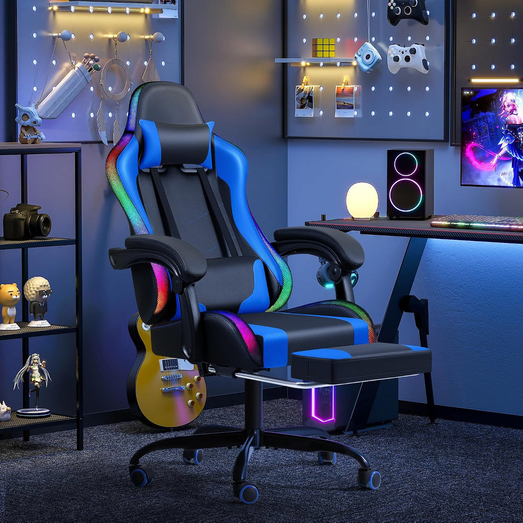 Furmax Gaming Chair with RGB LED Lights, Video Game Chair with Footrest and Massage Lumbar Support, High Back Reclining Computer Chair with Headrest, Swivel Seat Gamer Chair (LED Blue)