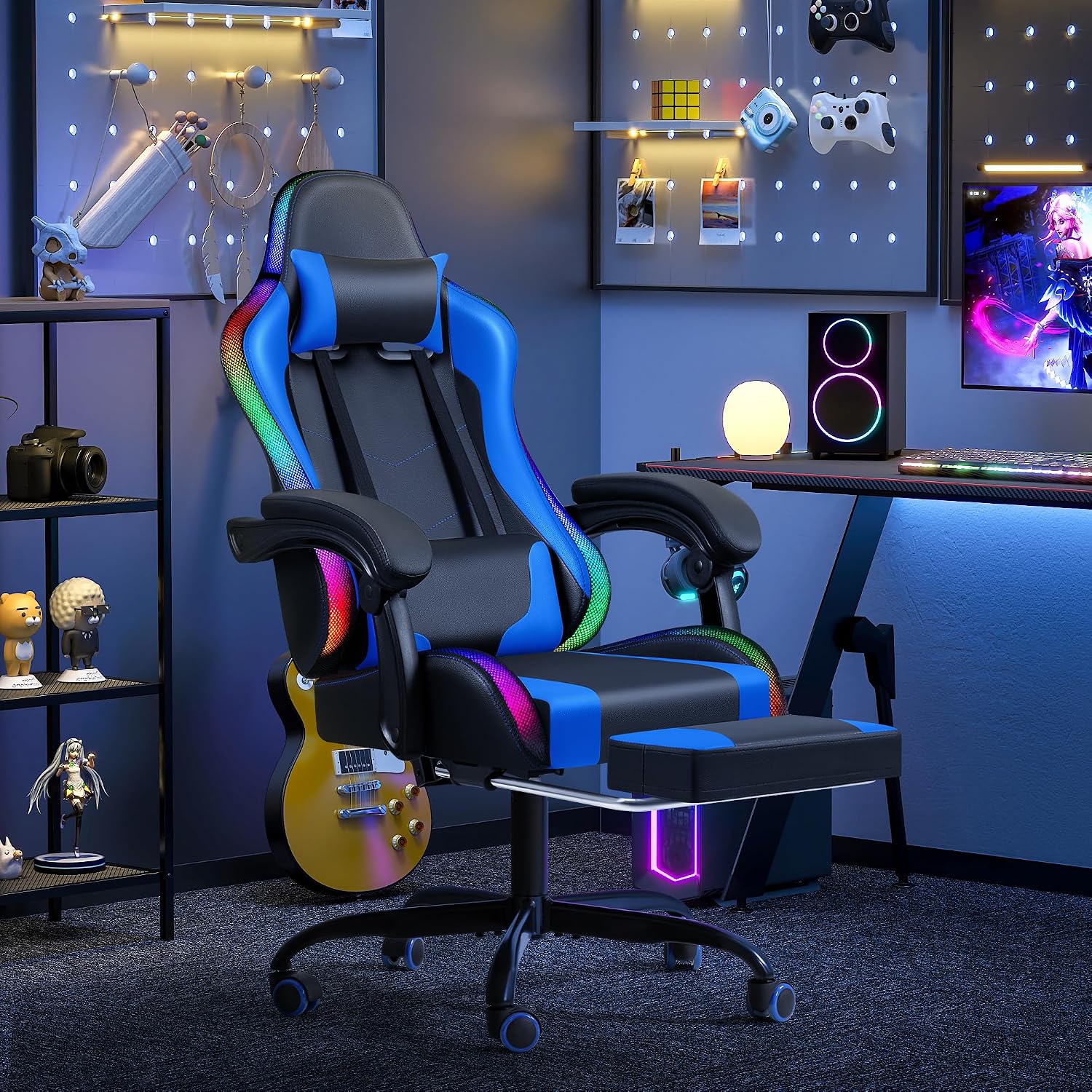 Furmax Gaming Chair with RGB LED Lights, Video Game Chair with Footrest and Massage Lumbar Support, High Back Reclining Computer Chair with Headrest, Swivel Seat Gamer Chair (LED Blue)