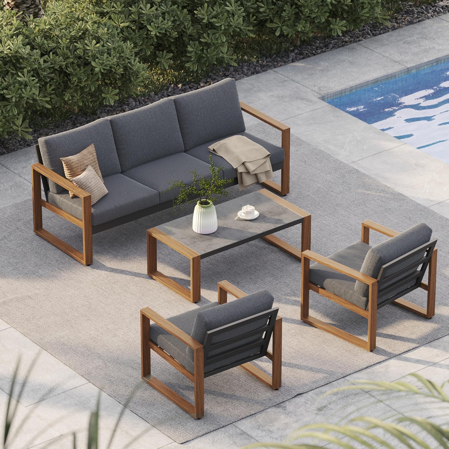 Grand patio Outdoor Furniture Set for 5, 4-Piece Aluminum Patio Conversation Set with Cushions, Modern Outdoor Sectional Sofa for Deck, Backyard, Garden, Porch, Poolside