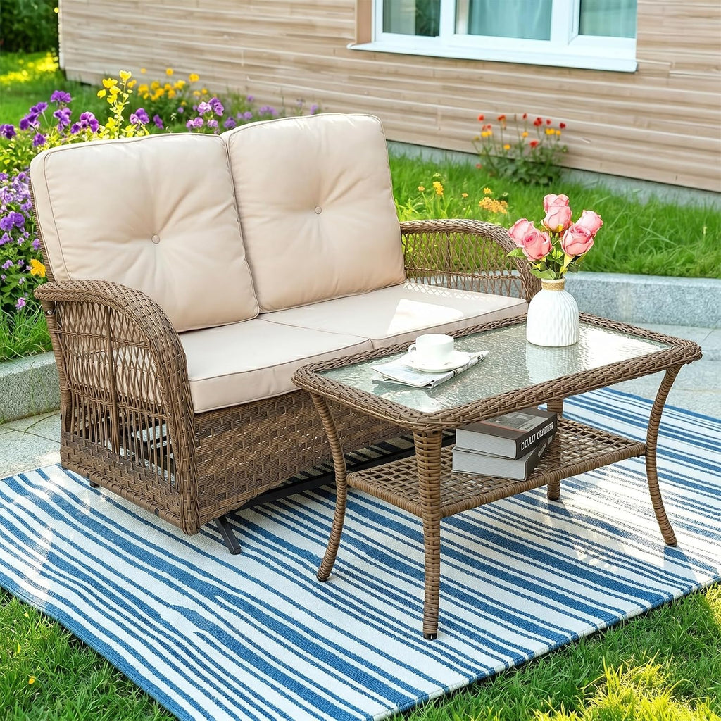 MEETWARM Outdoor Wicker Patio Glider Set, Loveseat for 2 Person Porch Furniture Glider with Glass-Top Coffee Table, Patio Glider Rocking Bench with Thickened Cushions, Brown