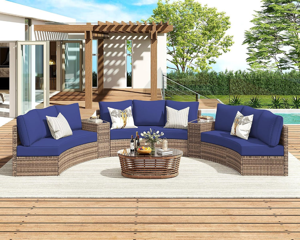 LUXOAK 6-Piece Wicker Patio Furniture Set, Waterproof Half-Moon Sectional Sofa with Cushions, Rattan Outdoor Conversation Set for Garden, Pool, Beach & Balcony, Blue