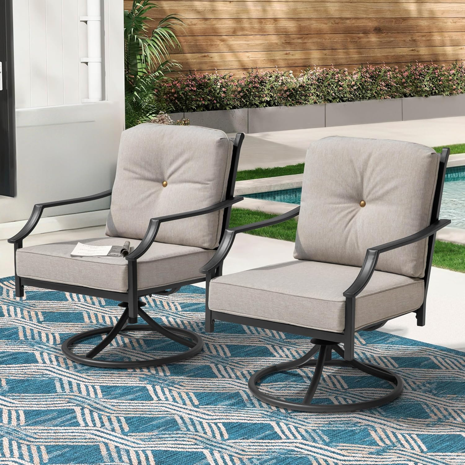 NUU GARDEN 2-Piece Swivel Patio Chairs with Olefin Cushions, Wide-Seat High-Back Outdoor Single Sofa Chairs, Powder-Coated Metal Patio Furniture Set for Garden, Porch, Lawn, Poolside, Black and Gray