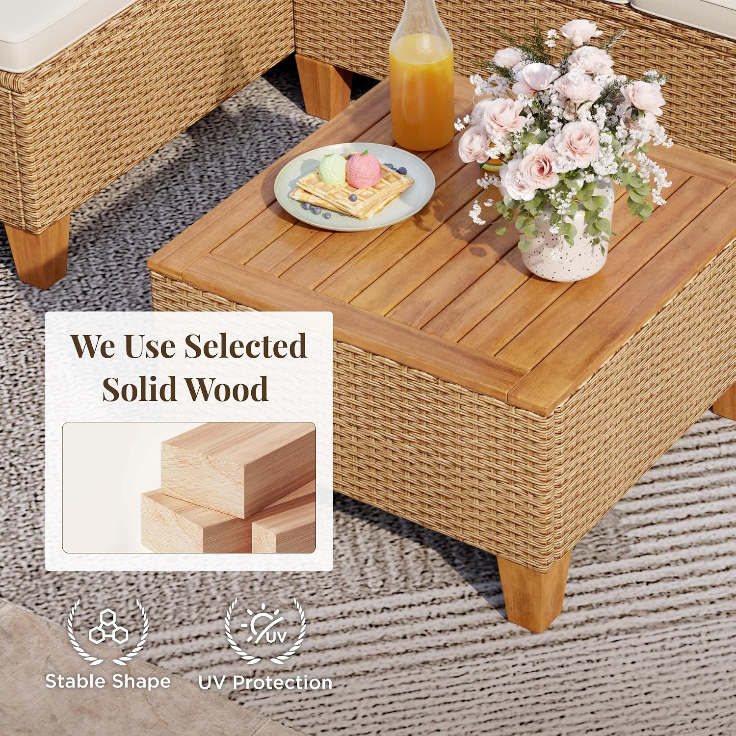 MIXPATIO Wicker Outdoor Patio Furniture Set 3 Pieces Patio Chaise Longue Conversation Set, Rattan L-Shaped Sofa Couch with Acacia Wood Coffee Table for Deck Porch and Garden