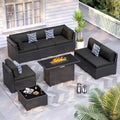 8 Piece Patio Furniture Set with 44' Fire Pit Table All-Weather Wicker Conversation Sectional Sofa & Coffee Table with Thickened Cushions for Backyard, Garden(Black)