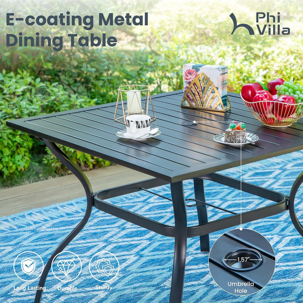 PHI VILLA 5 PCS Outdoor Patio Dining Set with Swivel Dining Chairs (Blue) and 37'x 37' Metal Steel Dining Table(1.57' Umbrella Hole), All Weather Patio Dining Furniture Set for Deck Lawn Garden