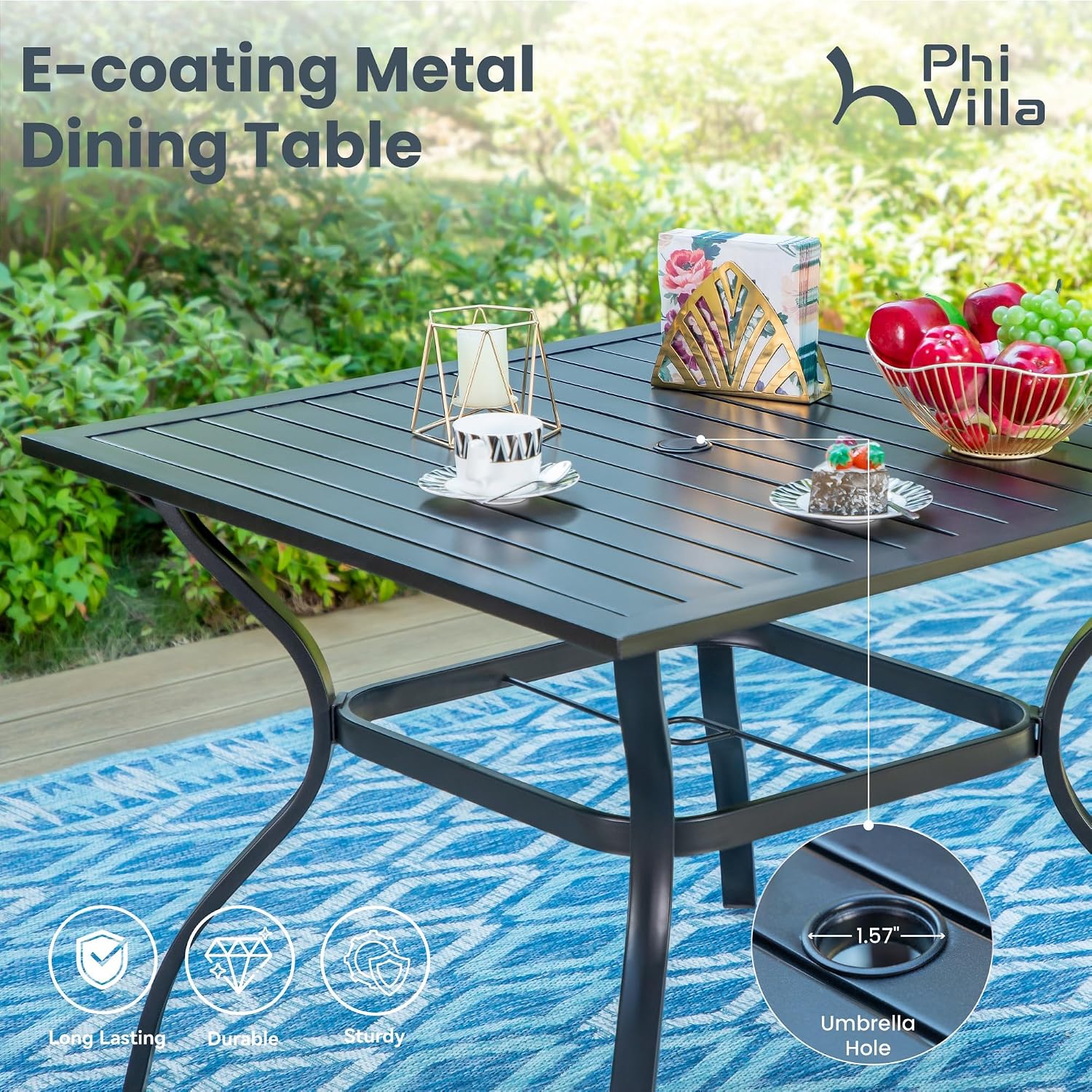 PHI VILLA 5 PCS Patio Dining Set with 4 Padded Outdoor Swivel Dining Chairs(Blue) and 37'x 37' Metal Steel Dining Table(1.57' Umbrella Hole), Outdoor Dining Table & Chairs Set for Deck Lawn Garden
