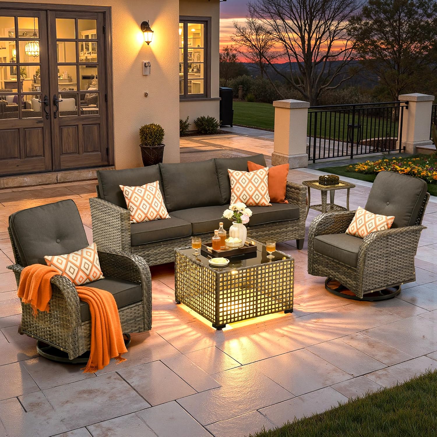 ovios 5 Pieces Patio Furniture Set, Outdoor Wicker Sofa Couch with Rocking Swivel Chairs Solar Lights Table, Modern Deep Seat Rattan Conversation Sets for Deck Porch, Black