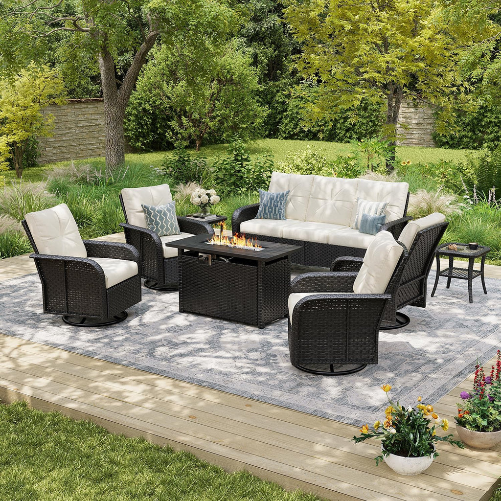 Aoxun Luxury 10-Piece Patio Furniture Set with 44'' Fire Pit Table, Wicker Rattan Sofa with Thick Cushion, Outdoor Conversation Set for Backyard, Poolside & Garden, Black/Beige