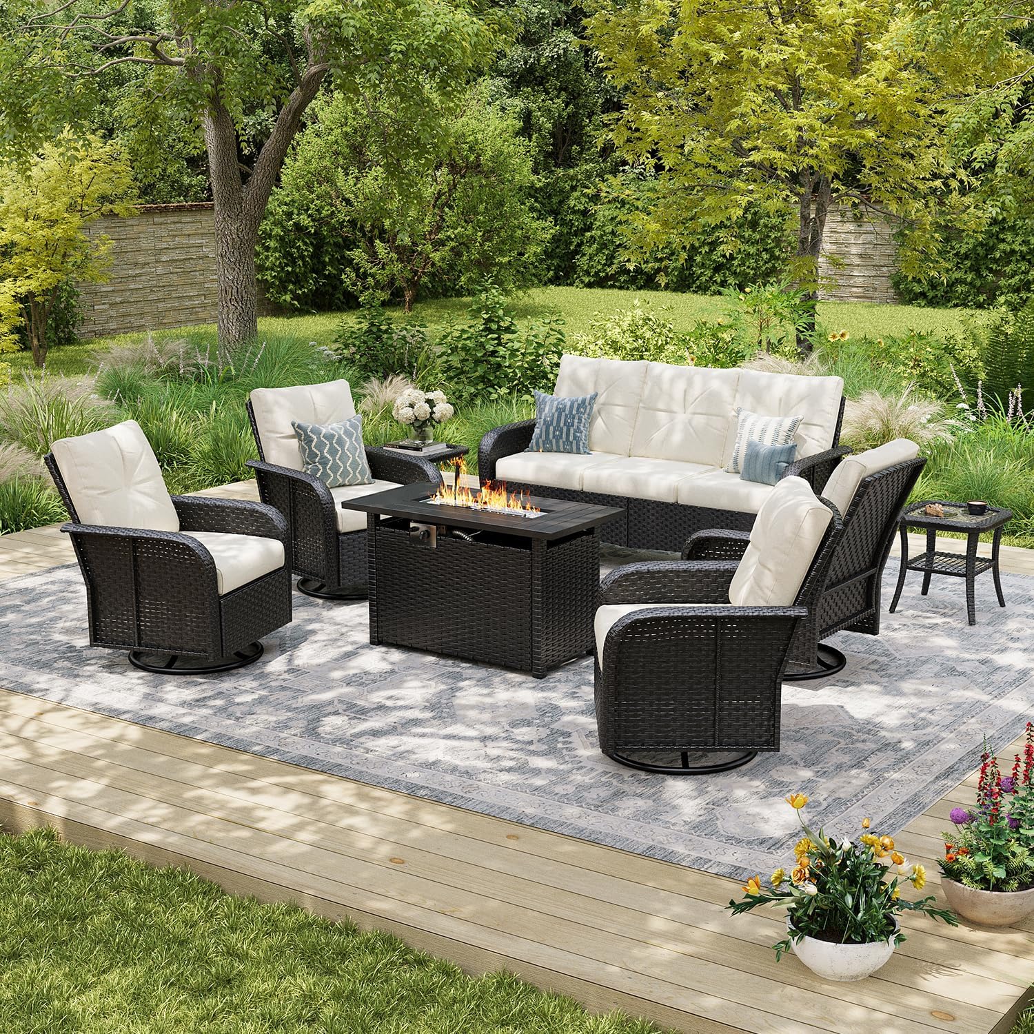 Aoxun Luxury 10-Piece Patio Furniture Set with 44'' Fire Pit Table, Wicker Rattan Sofa with Thick Cushion, Outdoor Conversation Set for Backyard, Poolside & Garden, Black/Beige