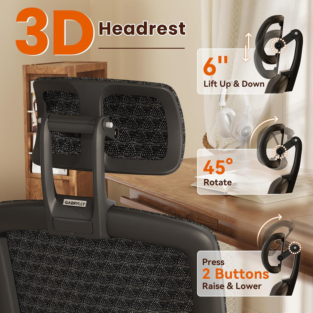 GABRYLLY Ergonomic Office Chair, High Back Home Desk Chair with Flip-Up Arms, 3D Headrest, Thick Sponge Seat &90-120° Recline, Big and Tall Mesh Executive Chairs for Man Woman, Midnight-Cloud