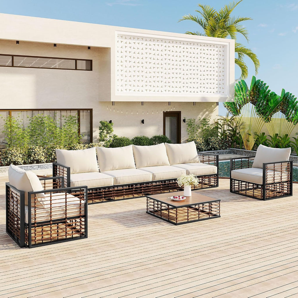 LUMISOL 7 Piece Patio Furniture Set, Metal Outdoor Sectional Sofa, All Weather Garden Conversational Furniture Set with Thick Cushions and Coffee Table for Indoor, Outdoor, Grey