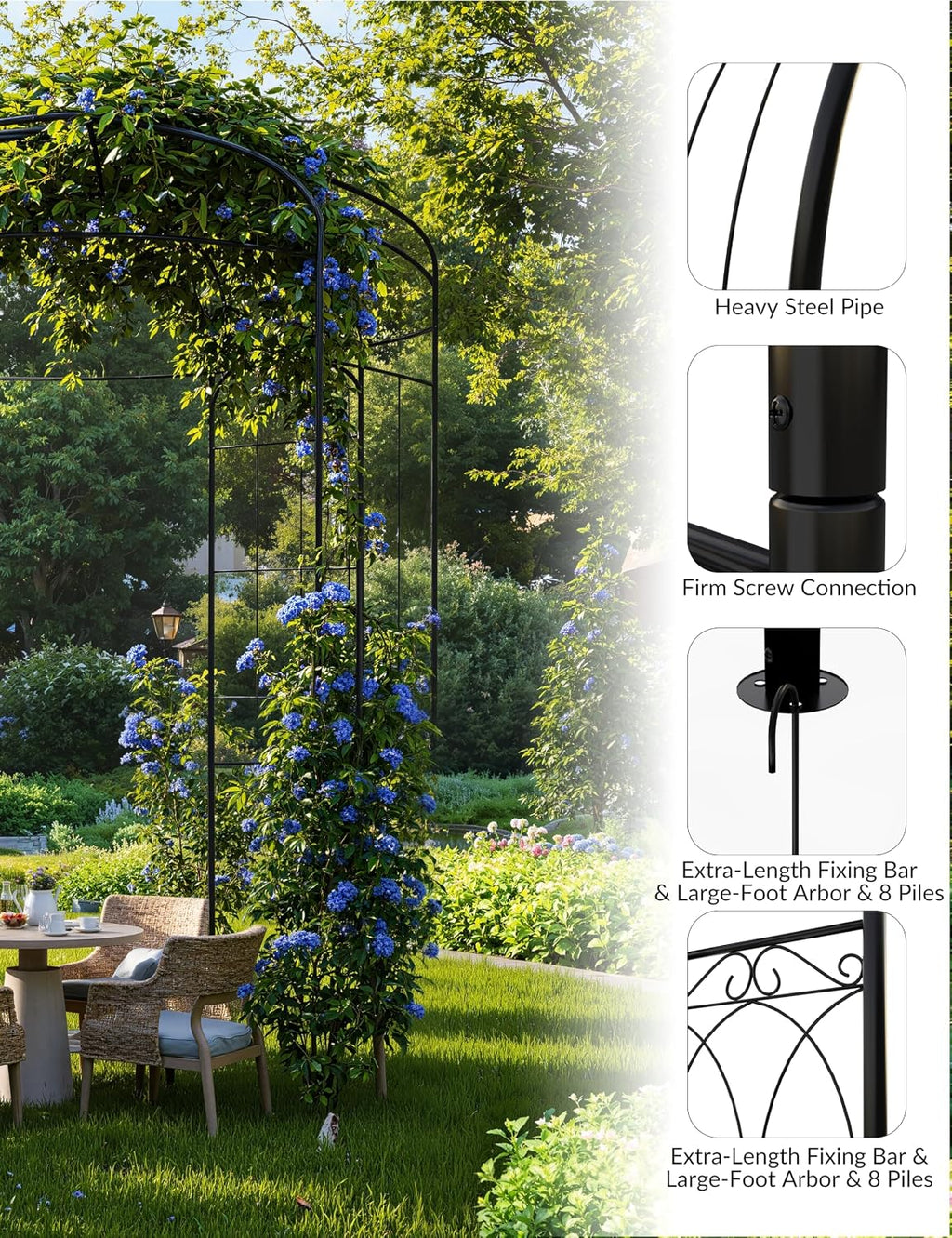 Garvee 8.8 ft Black Metal Garden Arbor - Birdcage Wedding Arch for Outdoor Ceremonies, Heavy-Duty Steel Pergola for Climbing Roses & Vines, Weather-Resistant Decorative Pavilion for Patio & Backyard