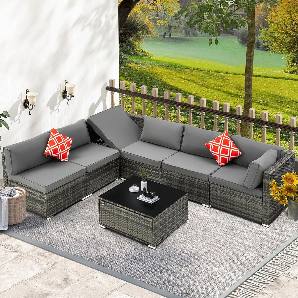 HOMREST 7 Piece Patio Furniture Set with Adjustable Bracket All-Weather Wicker Conversation Set with Coffee Table for Porch Garden Backyard (Gray)