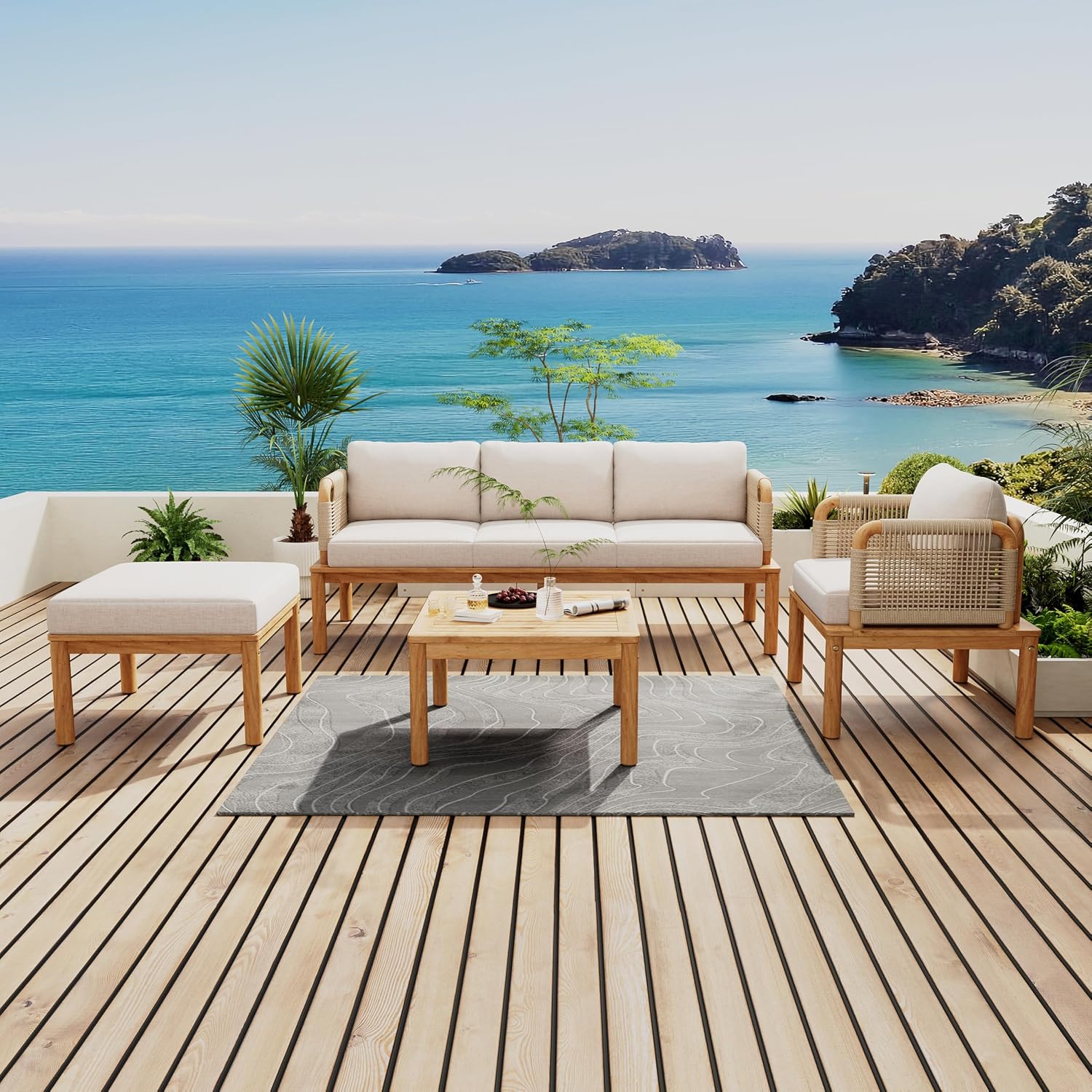 Acacia Wood Patio Multi-Person Sofa Set with Coffee Table and Removable Cushion, All-Weather Conversation Set Outdoor Seating for Garden Backyard Poolside Balcony (Teak+Beige-4PCS)