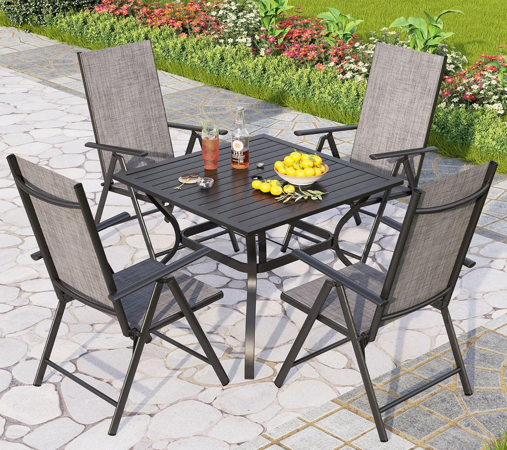 PHI VILLA 5-Piece Outdoor Dining Set for 4, All-Weather Grey Patio Furniture Set with Adjustable Folding Chairs & Square Metal Steel Table - Lightweight Portable Backyard Garden Set