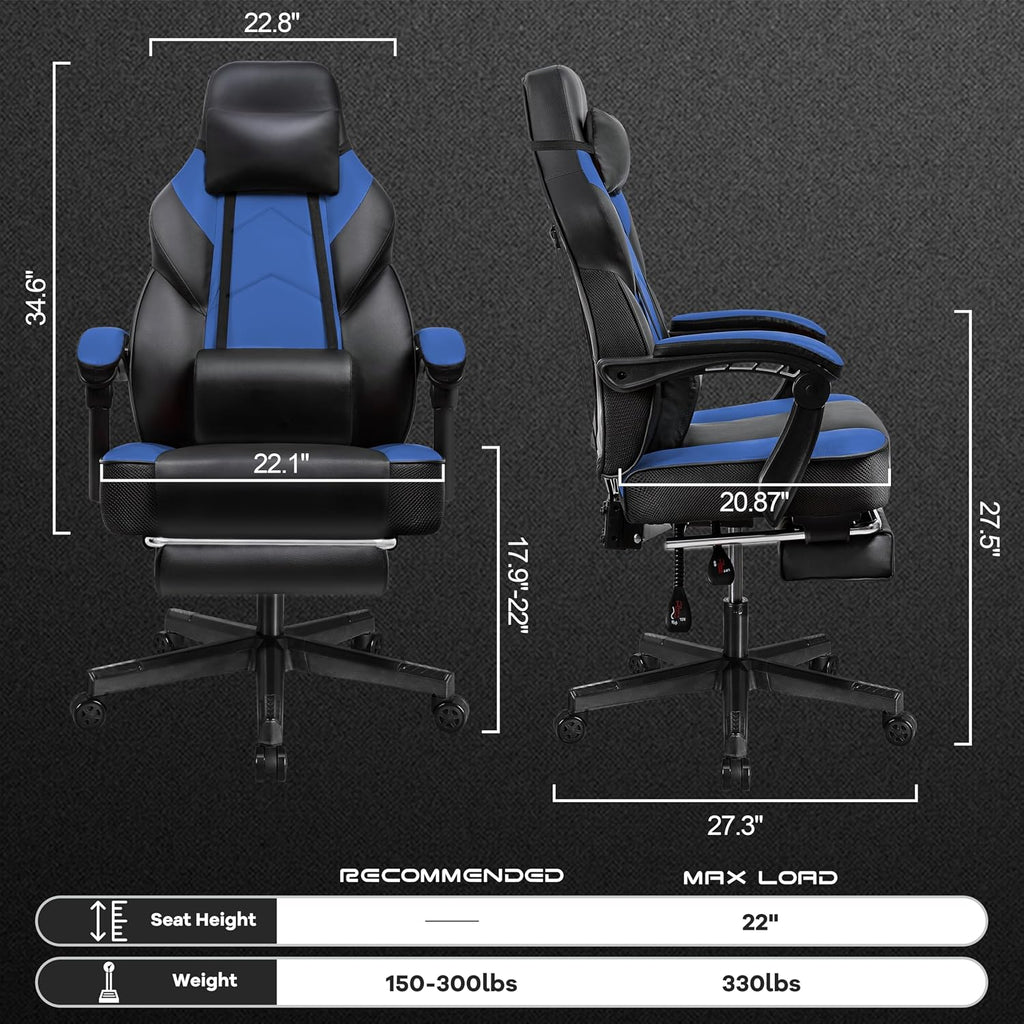 Video Game Chair for Adults, Gaming Chair with Footrest, Big and Tall Computer Chair with Massage Lumbar Support 330lbs Weight Capacity, Adjustable Height, 360° Swivel Seat and Headrest (Blue)
