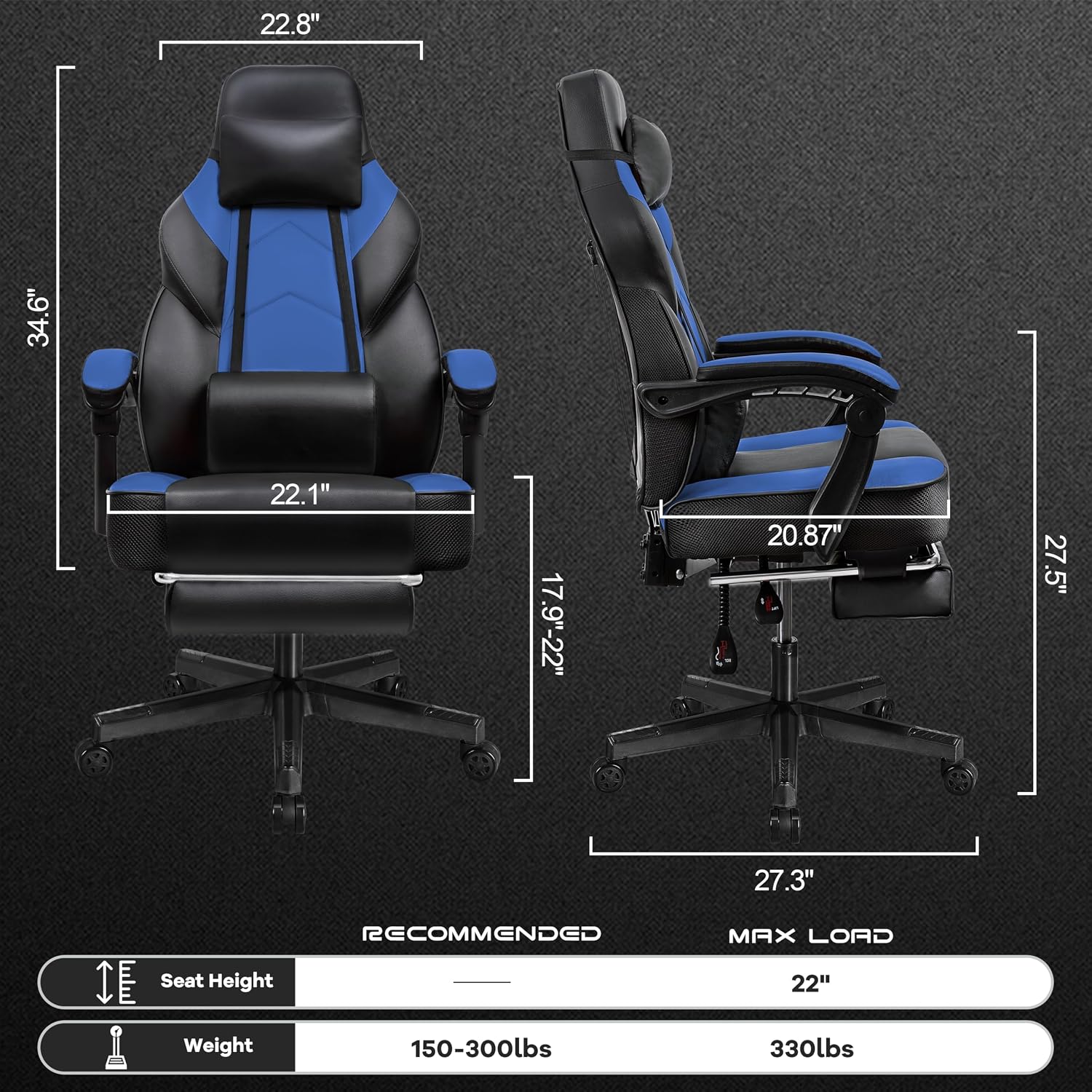 Video Game Chair for Adults, Gaming Chair with Footrest, Big and Tall Computer Chair with Massage Lumbar Support 330lbs Weight Capacity, Adjustable Height, 360° Swivel Seat and Headrest (Blue)