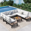 PHI VILLA 8 Pieces Outdoor Patio Furniture Set,Metal Frame Modern Outdoor Sectional Sofa Set,8 Seats with Umbrella Patio Conversation Sets,for Poolside and Backyard,Light Grey