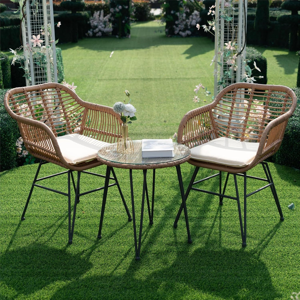 3 Piece Outdoor Wicker Furniture Bistro Set, Rattan Chairs Conversation Sets Wicker Patio Furniture for Balcony Poolside Backyard, Beige