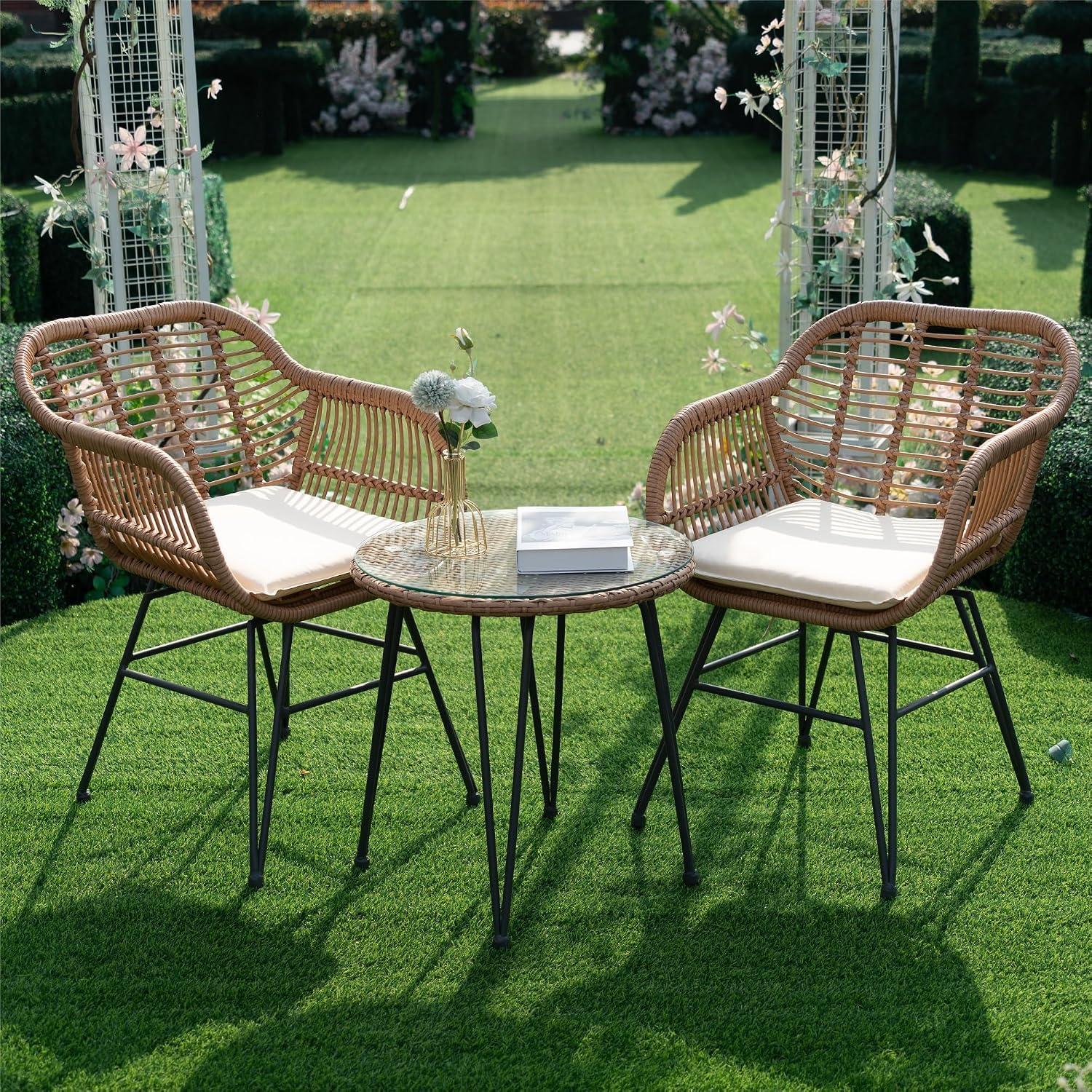 3 Piece Outdoor Wicker Furniture Bistro Set, Rattan Chairs Conversation Sets Wicker Patio Furniture for Balcony Poolside Backyard, Beige