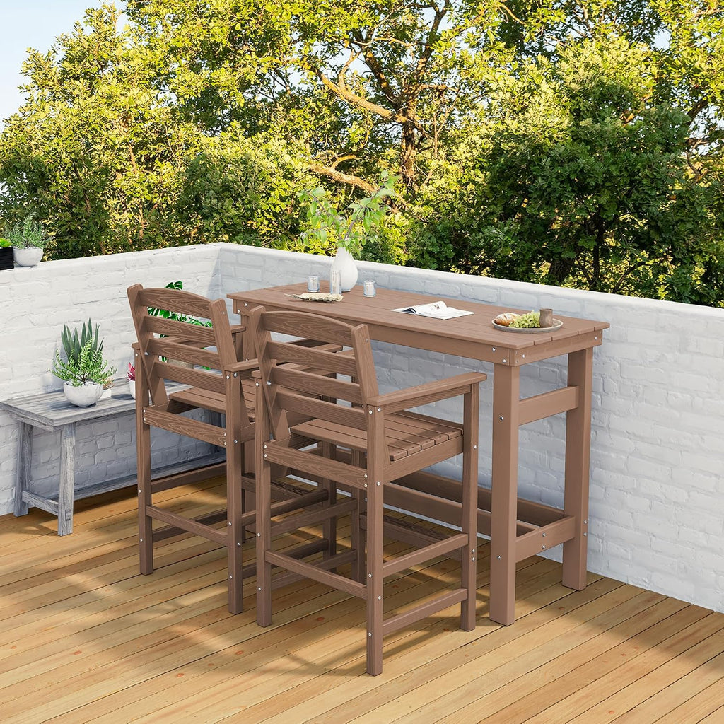 SERWALL Outdoor Bar Set - 2 Adirondack Bar Chairs & Bar Height Table with 1.6' Umbrella Hole, All-Weather HDPE Patio Furniture for Poolside, Backyard, Garden - Brown