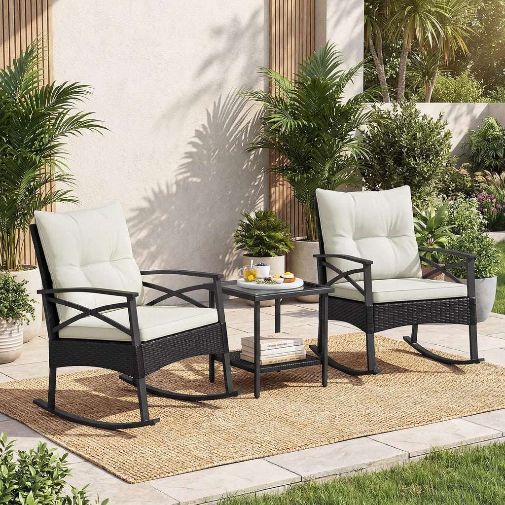 Tangkula 3 Pieces Outdoor Rocking Chairs Set, Rattan Heavy Duty Cushioned Rocker Chairs with 2-Tier Tempered Glass Coffee Table, for Garden, Balcony, Backyard (Black+Beige)