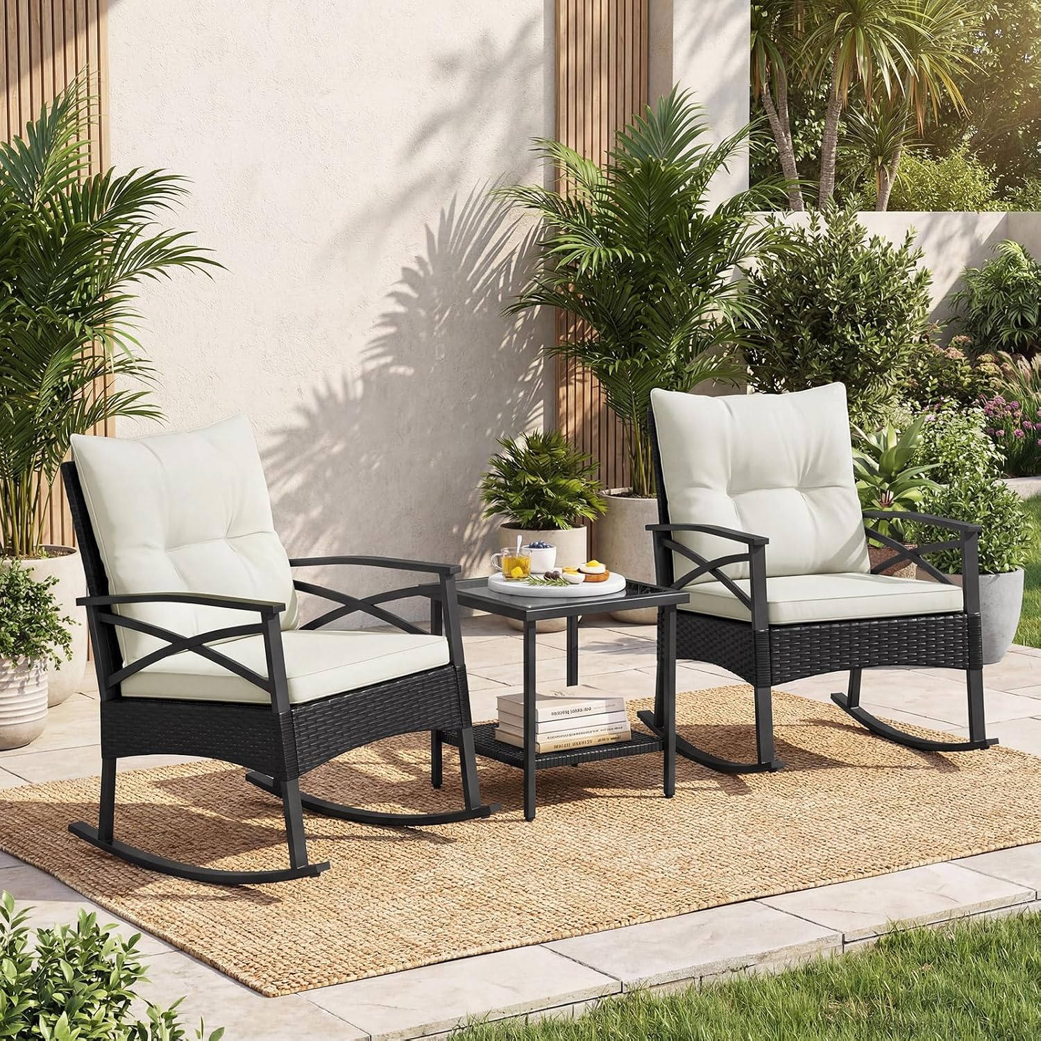 Tangkula 3 Pieces Outdoor Rocking Chairs Set, Rattan Heavy Duty Cushioned Rocker Chairs with 2-Tier Tempered Glass Coffee Table, for Garden, Balcony, Backyard (Black+Beige)