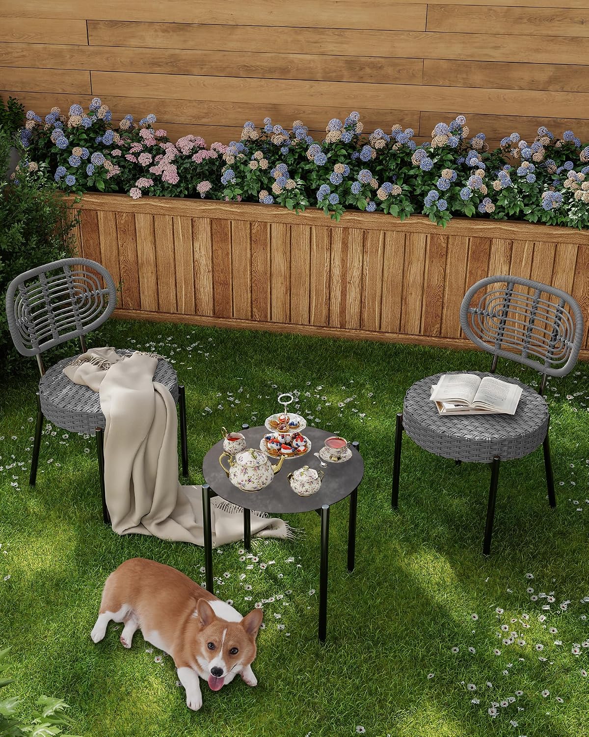 GarveeLife 3 Piece Wicker Patio Bistro Furniture Set, Outdoor Dining Chairs, Includes 2 Rattan Chairs and Tempered Glass Table, for Garden, Backyard, Balcony, Apartment, Black & Grey